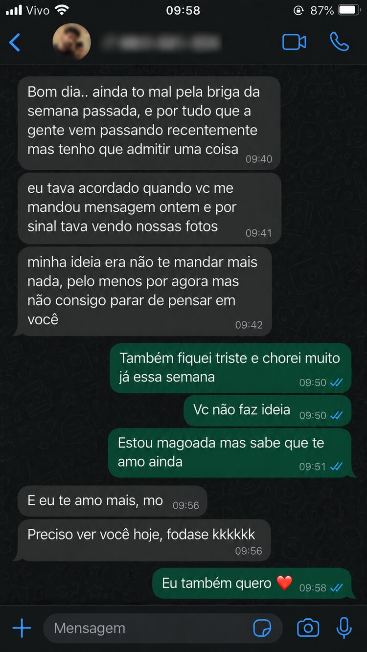 Ele admite que não para de pensar nela